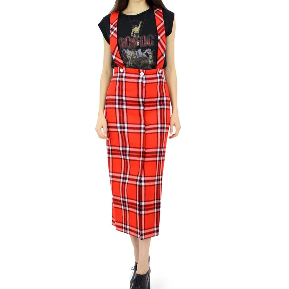Red Plaid Suspender SKIRT/Dress Size Small vintage Wool plaid